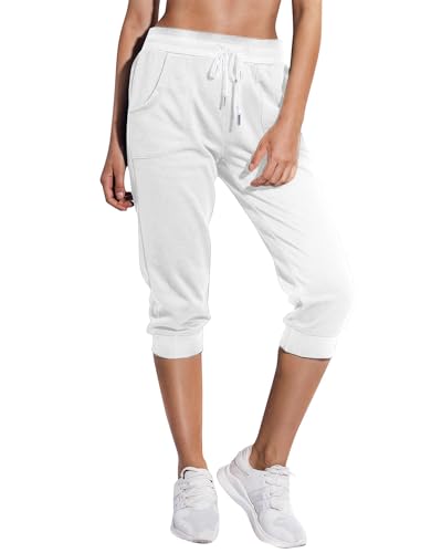 SPECIALMAGIC Womens Capri Sweatpants 3/4 Cropped Jogger French Terry Running Pants Lounge Loose Fit with Side Pockets Ivory White M