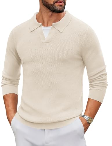COOFANDY Long Sleeve Polo Sweaters for Men Casual Knitted Sweater Collared Fashion Golf Pullover, Beige, M