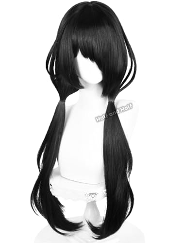 Image of Half and Half Kurumi Cosplay Wig Long Black Anime Low Ponytail Wigs with Side Part Bangs 31.5'' Black Pigtails Twin Tails Evil Elf Costume Wigs for Women Pary Halloween