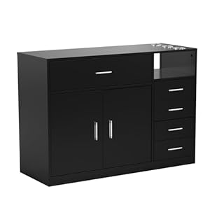 Salon Station Free Standing Cabinet, Barber Hair Styling Stations, Beauty Dresser Spa Bathroom Equipment with 5 Drawers, 1 Storage Cabinet, 3 Hair Dryer Holders, Black