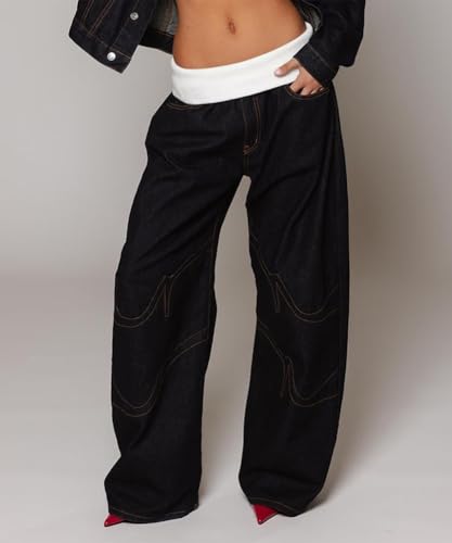 Women's Trendy Baggy Wide Leg Jeans Vintage Washed Distressed High Waisted Denim Pants2