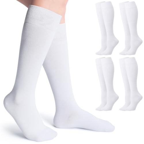 Chuarry 5 Pairs Women Knee High Socks Cotton Long Warm Socks Soft Casual Solid Color Thick High Boot Socks for Women Girls Oktoberfest Outfit, White