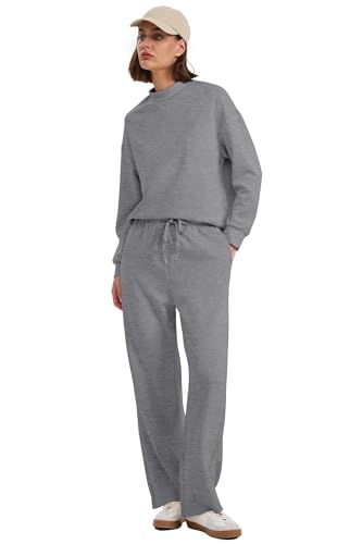 Image of WIHOLL Two Piece Sets for Women Fall Outfits Lounge Sets Mock Neck Tops Wide Leg Pants Vacation Travel Airport Outfits