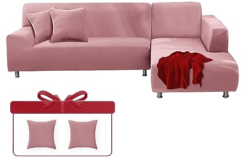 Fundas para Sofás Chaise Longue Elásticas, Fundas Cubre Sofá Universales de Forma L Extraíbles Lavables, Fundas Protectora para Sofa con Fundas de Almohada (Rosa,3 Plazas (195-230cm))