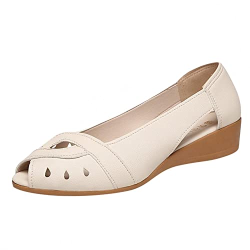 SIGOYI Mocassins compensés à bout ouvert pour femme - Chaussures plates à enfiler en similicuir uni, beige, 40 EU Cover