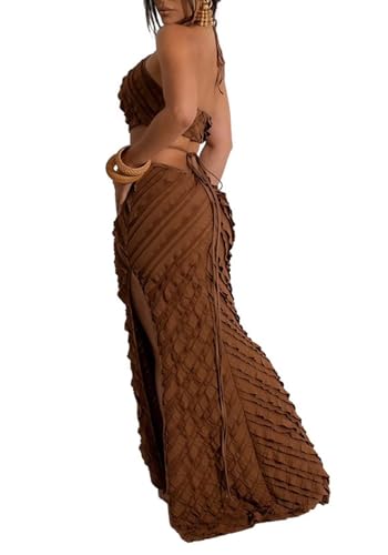Image of Aro Lora Womens Sexy Halter Neck Criss Cross Pleated Hollow Out Side Slit Bodycon Maxi Dress Small Brown