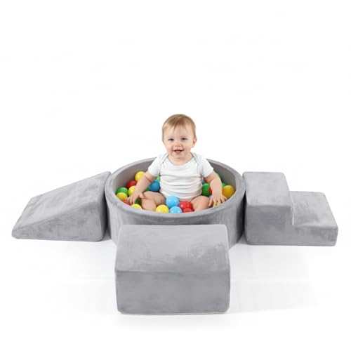 Image of Tiita Climbing Toys for Toddlers 1-3 Indoor with Ball Pit, 4-Piece Kids Foam Climbing Blocks, Activity Soft Play Climbing for Baby, Grey, Balls not Included