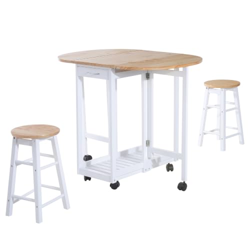 HOMCOM 3 Pieces Dining Room Set Mobile Foldable Drop Leaf Bar Table White
