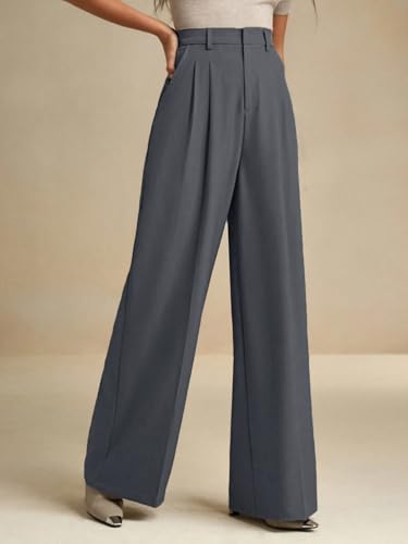 Image of KOTTY Women's High Waist Solid Color Hook and Bar Wide Leg Trousers Loose Comfort Trouser with Pockets