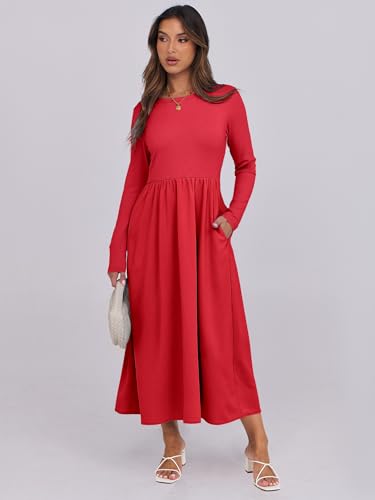 Image of ANRABESS Long Sleeve Midi Dresses for Women 2025 Fall Fashion Casual Rib Knit Patchwork Tight Top Modest Flowy Dress Pocket