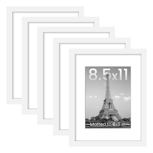 Image of upsimples 8.5x11 Picture Frame Set of 5, Display Pictures 6x8 with Mat or 8.5 by 11 Without, Wall Gallery Photo Frames, White