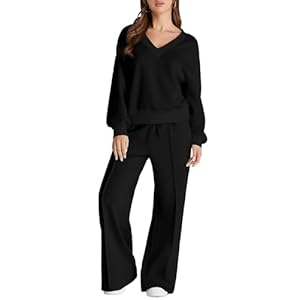 Herseas Women 2 Piece Outfits Sweatsuit 2024 Fall Casual V Neck Sweatshirt with Wide Leg Sweatpants Tracksuit Lounge Set