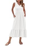 AUSELILY White Dress for Women Floral Sleeveless V Neck A-Line Summer Maxi Dress with Pockets, White XL