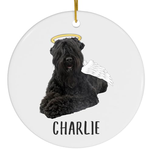 Black Russian Terrier Angel Wings Memorial Personalized Christmas Ornaments 2026 Circle White Ceramic Puppy Owner Gifts