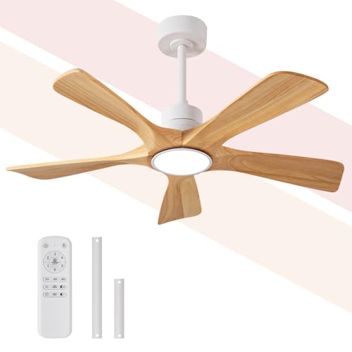 42 Inch Solid Wood Ceiling Fan Light with 5 Wood Grain Blades, Black Downrod, 6 Speeds, Quiet DC Motor, Dimmable Lights Remote Control Modern Indoor Fan for Bedrooms, Living Rooms Dining Rooms
