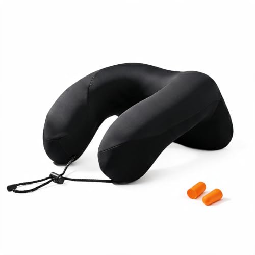 VOLLYC Inflatable Travel Neck Pillow for Airplane, Soft Knit Pillow with Adjustable Firmness, Lightweight Compact Flight Pillow with Earplugs for Car, Train & Office, Portable Plane Accessories