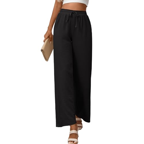 Women's Wide Leg Pants Adjustable Tie Knot Elastic Waist Palazzo Pants High Waist Loose Flowy Trousers with Pockets2