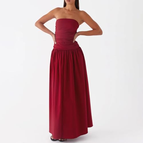 Image of Women Tube Top Maxi Dress Summer Strapless Backless Bodycon Long Bandeau Dress Elegant Off Shoulder A Line Dresses