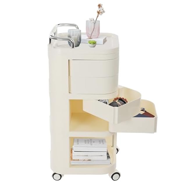 3 Tier Storage Cart, Movable Utility Storage Cart Rolling Utility Cart with Drawers Storage Rack with Wheels Mobile Trolley Cart for Homes, Office, Libraries, Restaurants (Cream Color)-iHS3dLPW