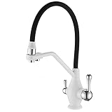 HYHJYMG 3 in 1 Küchenarmatur mit Trinkwasserauslass, 360° Kurbel Hochbogen Ziehen Sie nach unten Kochspüle Vollkupfer Kalt- und Warmwassermischer Wasserhahn mit Doppelgriff, Grau (Gris)