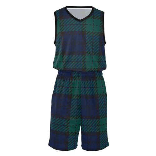 Short de basket-ball en jersey bleu marine vert écossais short de sport homme rétro