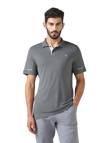 Image of TECHNOSPORT Men's Solid Slim Fit Polo Collar T-Shirt TECHNOCOOL+ Half Sleeve Button Polyester for Gym Running Workout UPF50+ Anti Odour
