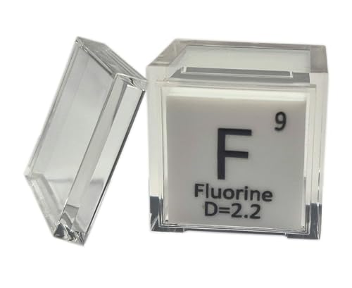 Image of 1 inch 25.4mm Fluorine Teflon 75% Pure Cube F Periodic Table Element Engraved Density Collection Science Education Display Block Cube + Acrylic Case Box - 1PC