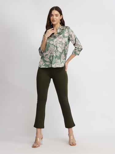 Image of FableStreet Women Shirt Work & Casual | Relaxed Fit Mandarin V-Neck Three-Quarter Sleeves Solid Pattern | Breathable Woven Fabric for Office & Everyday Wear