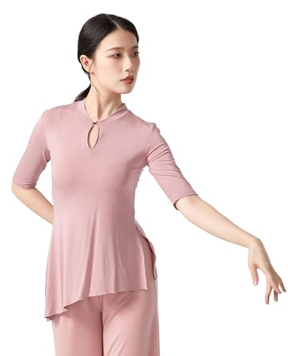 Angcoco Women's Elegant Traditional Crewneck Half Sleeve Tops for Dance Pink