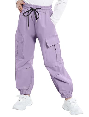 Image of JiAmy Girls Cargo Pants Elastic High Waist Drawstring Pants Jogger Trousers Casual Loose with Pockets 6-14Y