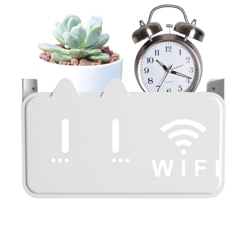 WiFiルーター収納ラック、パンチングなしABSワイヤレスルーターラックスタンド、アクリル粘着式壁掛けルーターブラケット、接着剤とネジ付き、セットトップボックスとリモコンを収納できる装飾多機能セットトップボックスラック (白)