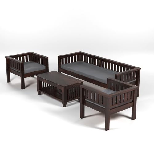 Image of Sheesham Wood 5 Seater Low Height Sofa Set for Living Room | 5 Seater Sofa Set | Wooden Sofa Set | Grey Cushion (3+1+1, Walnut Finish)