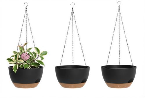 XQSHPDM Hanging Planters 3-Pack, 8 Inch Self-Watering Hanging Pots with Drainage Hole and Chains, Plastic Planters for Indoor Outdoor(Black Brown)
