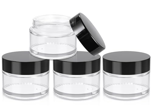 1oz Jars with Lids HOA Kinh 4 Pack Clear Glass Jars Empty Cosmetic Containers Round Airtight Glass Jar with Inner Liners and black Lids for Storing Lotions Powders and Ointments