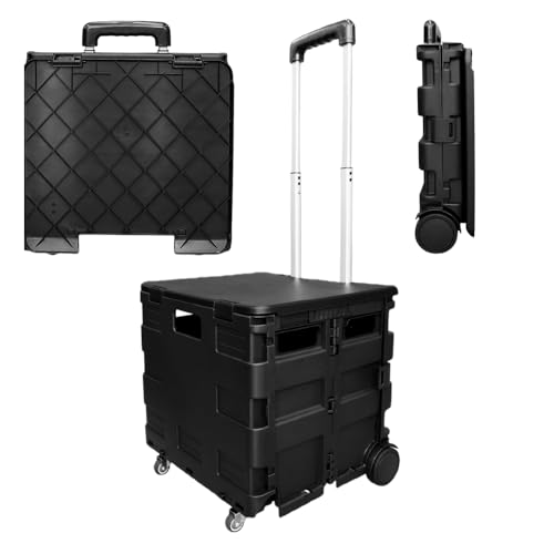 Berry 40 KG Foldable Shopping Trolley - Black, Plastic Trolley Cart with 4 Wheels and Lid, Portable Cart with Telescopic Handle, Multipurpose Utility Cart for Shopping, Teacher, Laundry