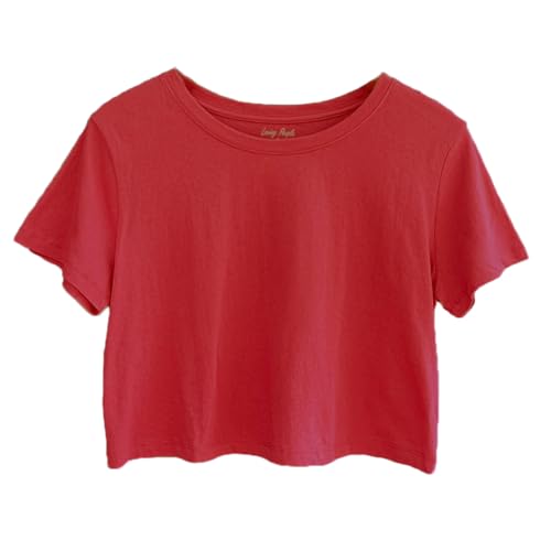 Image of Womens 100% Cotton Crop Tops Short Sleeve Crewneck Loose Fit Basic Tee Summer Casual Workout T-Shirt Fashion Clothes