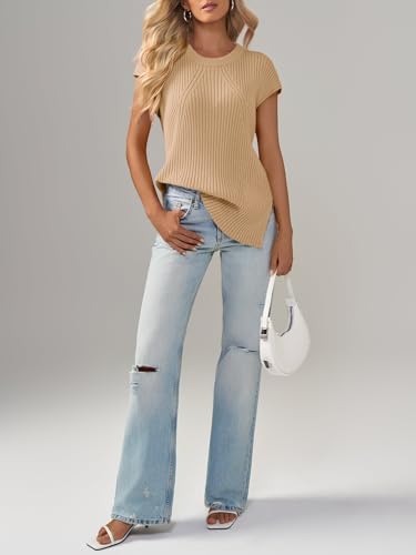 Image of Imily Bela Womens Short Sleeve Sweater Casual Crew Neck Rribbed Knit Split Pullover Summer Tunic Tops