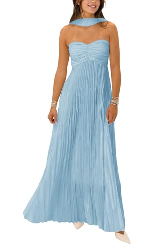Flowy Pleated Bridesmaid Dress with Scarf Strapless Chiffon Formal Evening Dresses