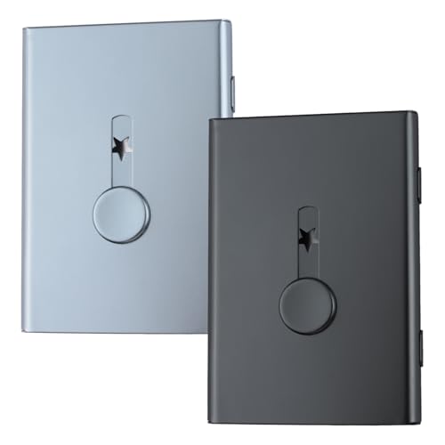 2 PCS Square Business Card Holder,Black Grey Personalized Portable Slide Out Name Holder Pocket Thumb Drive Metal Card Case for Men & Women