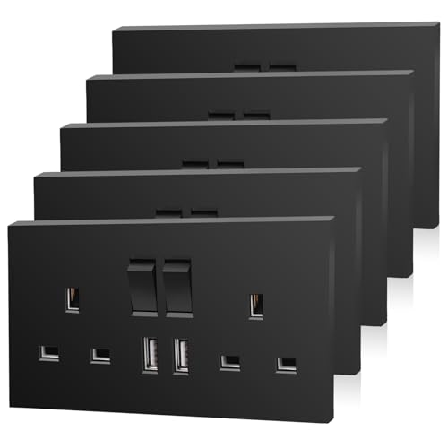 5 Pack CNBINGO Double Switched Power Socket with 2 USB-A Charging Ports (2.1A Output), Electric Power Socket 2 Gang 13 Amp, Black Double Wall Outlet