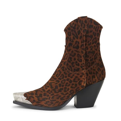 Image of keleimusi Women's Western Cowgirl Ankle Boots Stacked Block Heel Cowboy Booties Steel Toe Heeled Short Cowboy Boots Side Zipper Western Booties for Women