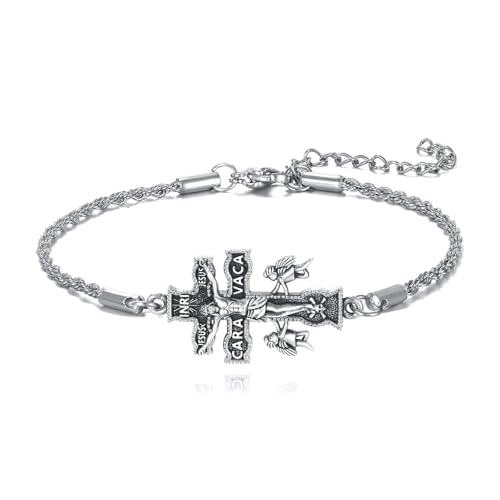 Caravaca Bracelet 925 Sterling Silver Adjustable Chain Jesus Cross Bracelet Jewelry Christian Faith Gifts for Women Men