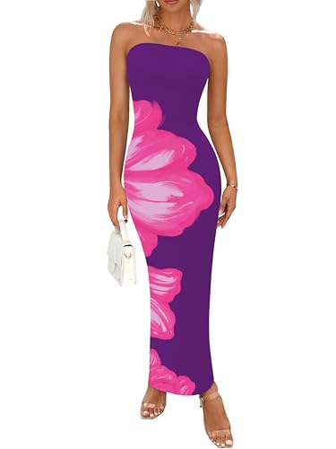 Image of PRETTYGARDEN Women Summer Strapless Maxi Dress Bodycon Floral Sexy Long Wedding Guest Dress Formal Tube Mesh Cocktail Dresses