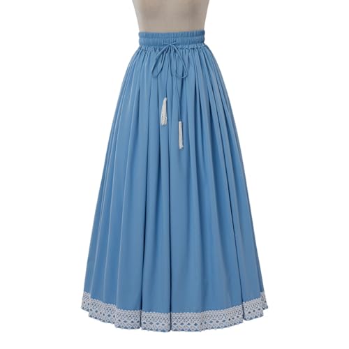 Women's Long Maxi Skirt with Lace Trim, Light Blue, Elastic Waist with Tassel Drawstring4