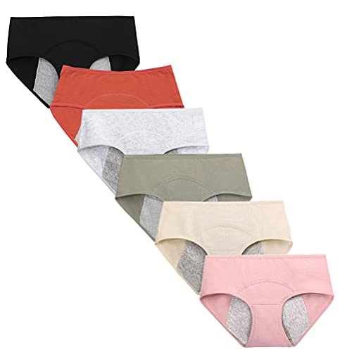 Teen Girls Cotton Menstrual Period Underwear Briefs Pack of 6pcs Breathable Heavy Flow Protective Leak-Proof Panties (Medium, Style1)