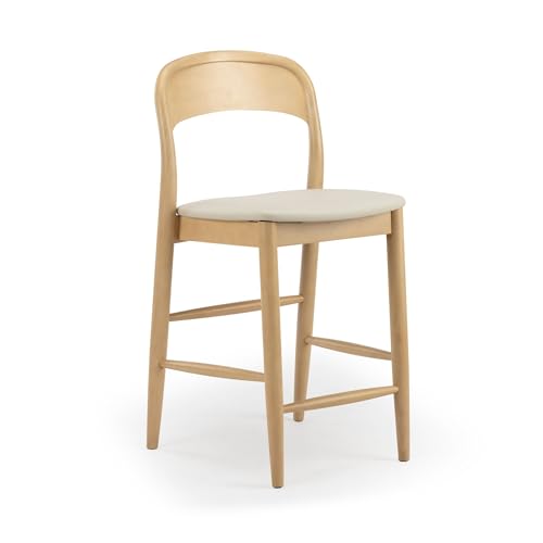 Image of Plank+Beam Loar Upholstered Counter Stool, Solid Rubberwood, Mid-Century Modern Kitchen Bar Chair, Curved Back, Low-VOC Finish, Counter Height Seating, Blonde /Sesame
