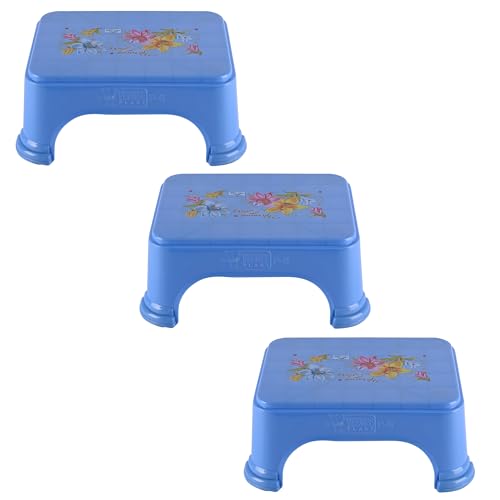 Image of Kuber Industries Pack of 3 Bath Stool for Bathroom | Flower Print Square Stool | Bathroom Stool for Bathing | Plastic Stools for Sitting | Blue