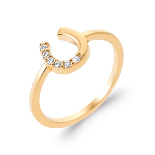 Bague Plaquée Or 18 Carats, Anneau Fer à Cheval Pavé d'Oxydes de Zirconium, Largeur 8 mm, Tailles 50 a 60, Marque Francaise, Bijou Femme, Emballage Cadeau (56)