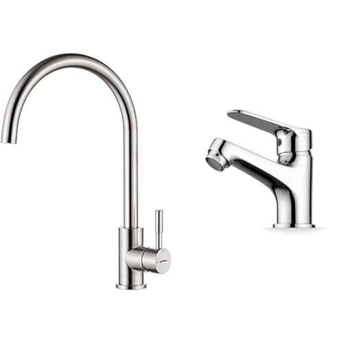 GRIFEMA Irismart G4008 Grifo de Cocina Alto con Caño Giratorio, Mezclador de Fregadero, Cold Start & Ibergrif M11059 Grifo de Baño, Mezclador Monomando para Lavabo, Latón