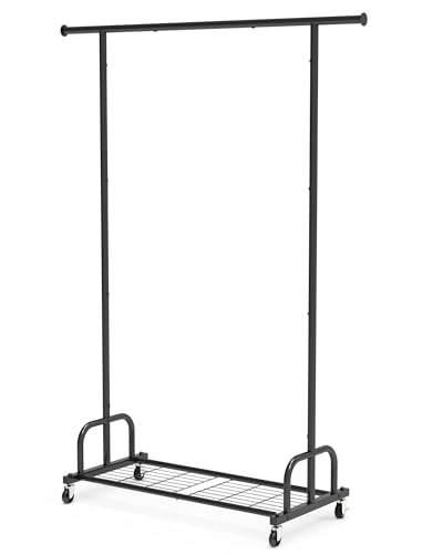Sakugi ホイール付き自立シングルロッドの服ラック、ホーム衣服の組織のためのコンパクトなデザイン、黒